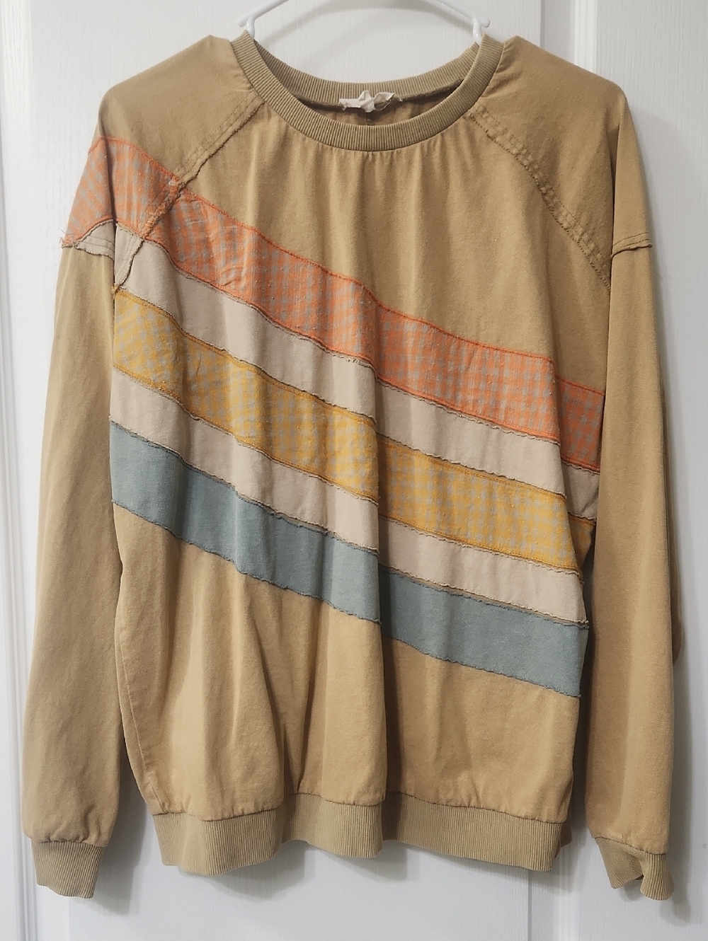 easel Women's Tan Crewneck Sweater with Orange, Yellow & Blue Stripes